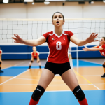 A volleyball setter skillfully directing the play during a match, with focused expression and dynamic hand positioning. The background shows blurred teammates and opponents in a gymnasium setting.