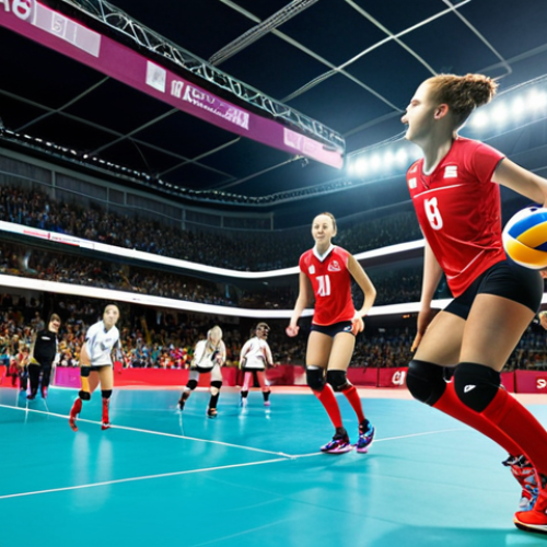 Home 22 A dynamic volleyball match scene, showcasing a diverse group of young, up-and-coming players from Poland and South America. The setting is a modern volleyball arena with bright lights and enthusiastic fans. Focus on the athletes' energy and determination. The composition should highlight the global nature of rising volleyball talent, capturing the spirit of competition and the excitement of the sport. The visual style should evoke the feel of a professional sports broadcast, emphasizing action and dynamism.