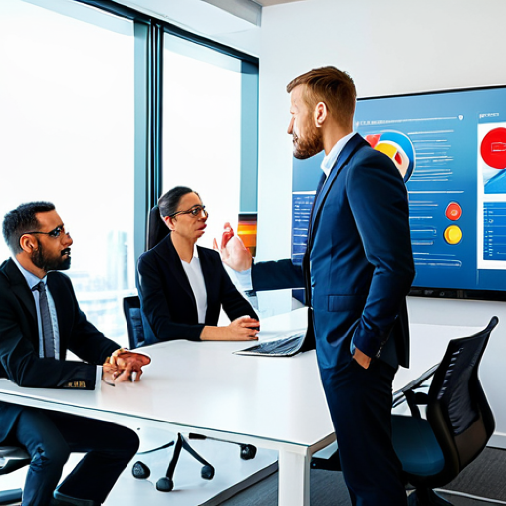 A diverse group of professional individuals, including a male and female business executive and a sports club representative, sitting around a sleek conference table in a modern, brightly lit office. They are engaged in a serious discussion, reviewing a digital presentation on a large screen displaying charts and abstract brand logos. All subjects are fully clothed in modest business attire and professional dress. The atmosphere is collaborative and professional. safe for work, appropriate content, fully clothed, professional photography, perfect anatomy, correct proportions, natural pose, well-formed hands, proper finger count, natural body proportions, high quality.