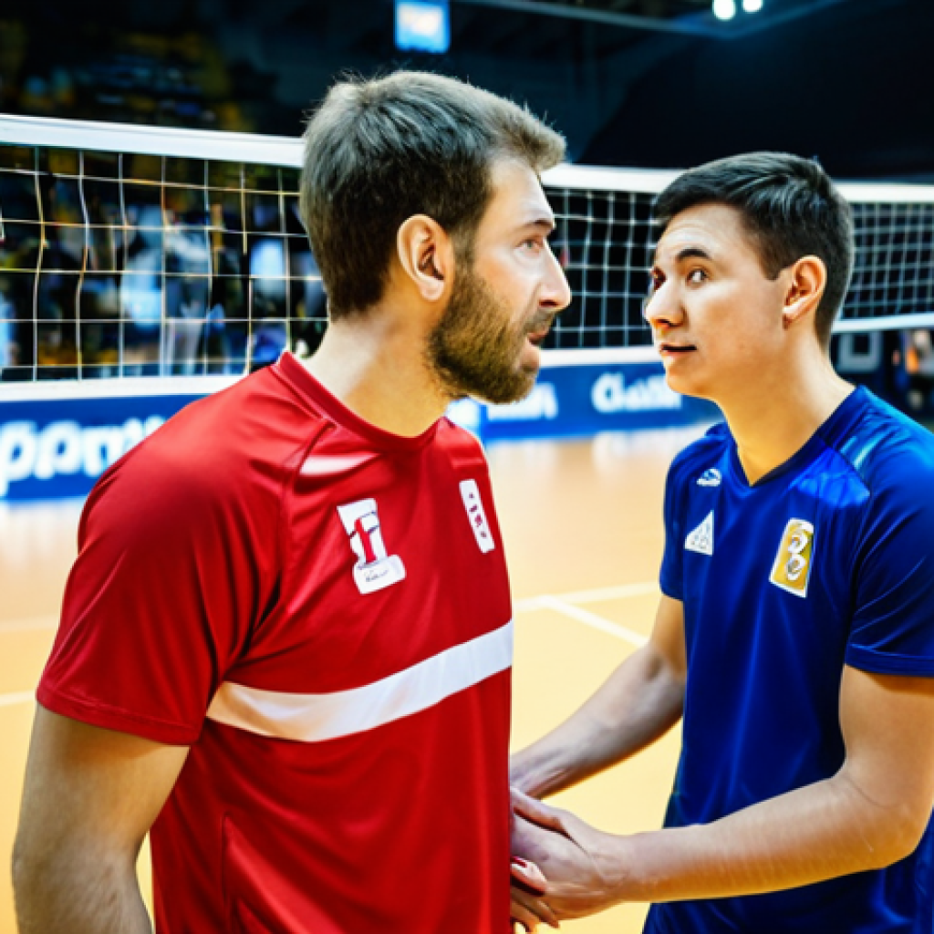 A professional male volleyball captain, fully clothed in a modest team uniform, is calmly speaking to a younger, slightly frustrated teammate on an indoor volleyball court during a high-stakes match. The captain has a supportive expression, placing a hand reassuringly on the teammate's shoulder. The background features a blurred, vibrant sports arena with bright lights and a distant, indistinct crowd.
*Quality Modifiers:* professional photography, high detail, sharp focus, dynamic lighting, perfect anatomy, correct proportions, natural pose, well-formed hands, proper finger count, natural body proportions.
*Safety Terms:* safe for work, appropriate content, family-friendly, modest clothing.