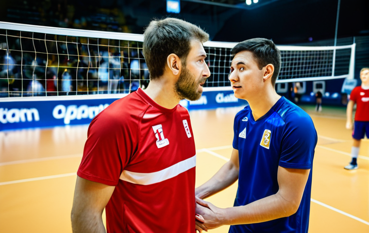 A professional male volleyball captain, fully clothed in a modest team uniform, is calmly speaking to a younger, slightly frustrated teammate on an indoor volleyball court during a high-stakes match. The captain has a supportive expression, placing a hand reassuringly on the teammate's shoulder. The background features a blurred, vibrant sports arena with bright lights and a distant, indistinct crowd.
*Quality Modifiers:* professional photography, high detail, sharp focus, dynamic lighting, perfect anatomy, correct proportions, natural pose, well-formed hands, proper finger count, natural body proportions.
*Safety Terms:* safe for work, appropriate content, family-friendly, modest clothing.