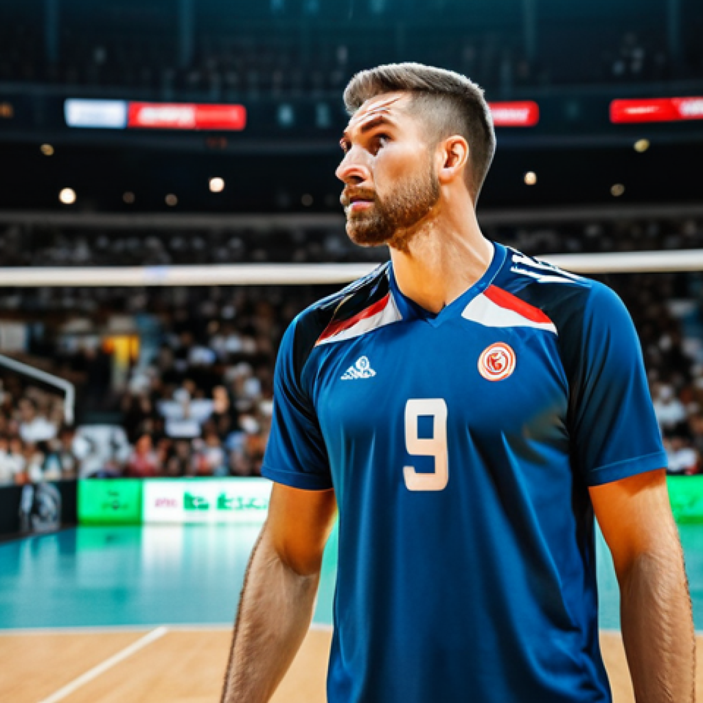 A professional male volleyball player on an indoor court, demonstrating profound mental focus and calm during a high-stakes match. He is fully clothed in a modest, professional team uniform, captured in a natural, athletic pose, prepared for the next action. The background features a blurred, distant stadium crowd, subtly indicating match pressure. The image is brightly lit, showcasing detailed textures and a dynamic sports atmosphere. This is a professional sports photograph, safe for work, appropriate content, fully clothed, professional, perfect anatomy, correct proportions, natural pose, well-formed hands, proper finger count, natural body proportions, high-quality.