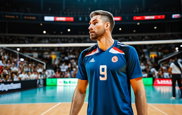 A professional male volleyball player on an indoor court, demonstrating profound mental focus and calm during a high-stakes match. He is fully clothed in a modest, professional team uniform, captured in a natural, athletic pose, prepared for the next action. The background features a blurred, distant stadium crowd, subtly indicating match pressure. The image is brightly lit, showcasing detailed textures and a dynamic sports atmosphere. This is a professional sports photograph, safe for work, appropriate content, fully clothed, professional, perfect anatomy, correct proportions, natural pose, well-formed hands, proper finger count, natural body proportions, high-quality.