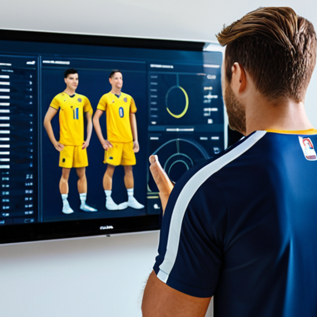 A focused professional male volleyball player, in modest athletic wear, intently watching slow-motion video footage of his own game on a large monitor in a modern sports analysis room. He is fully clothed, appropriate attire, safe for work, perfect anatomy, natural pose, correct proportions, well-formed hands, proper finger count, natural body proportions. The room is well-lit, emphasizing concentration and self-improvement. Professional photography, high quality, family-friendly content.