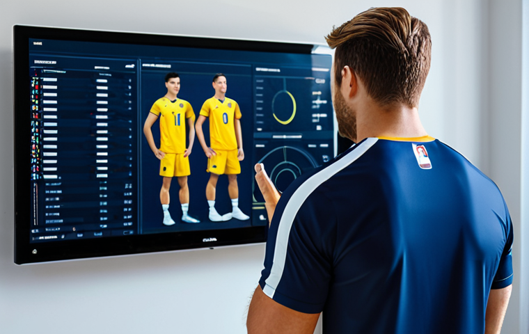 A focused professional male volleyball player, in modest athletic wear, intently watching slow-motion video footage of his own game on a large monitor in a modern sports analysis room. He is fully clothed, appropriate attire, safe for work, perfect anatomy, natural pose, correct proportions, well-formed hands, proper finger count, natural body proportions. The room is well-lit, emphasizing concentration and self-improvement. Professional photography, high quality, family-friendly content.