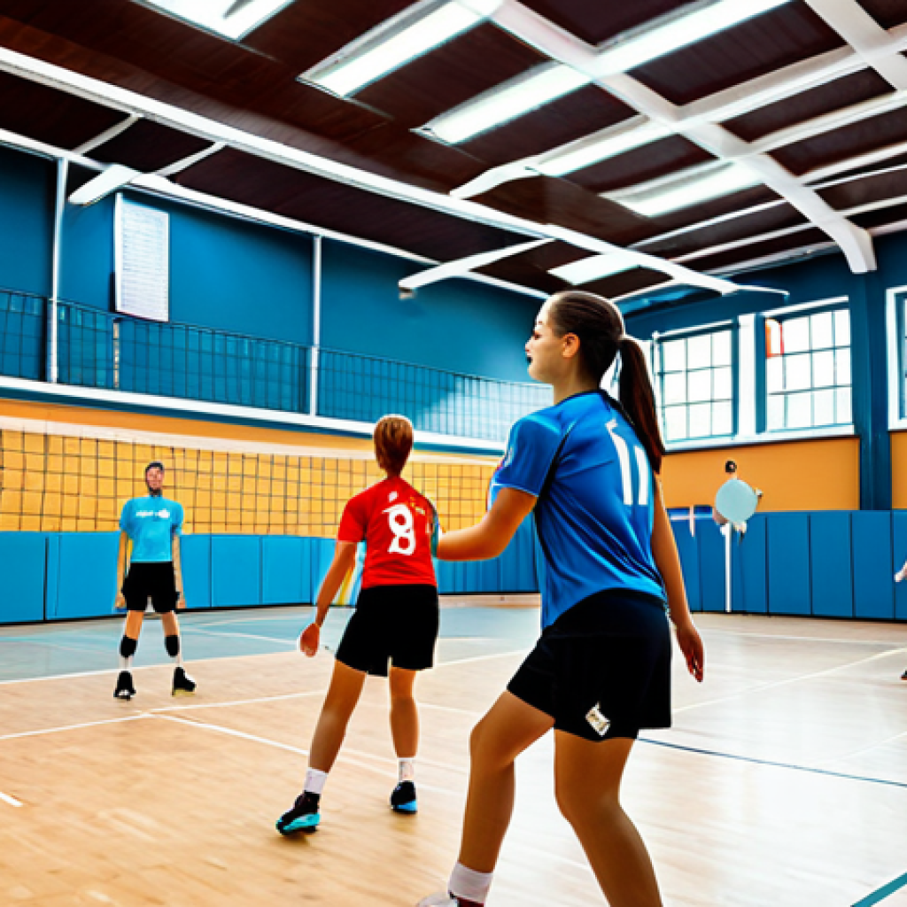 배구 관련 단체 가입 - "A dynamic volleyball team practicing in a brightly lit indoor court, Lokalny Klub Siatkarski "As" l...