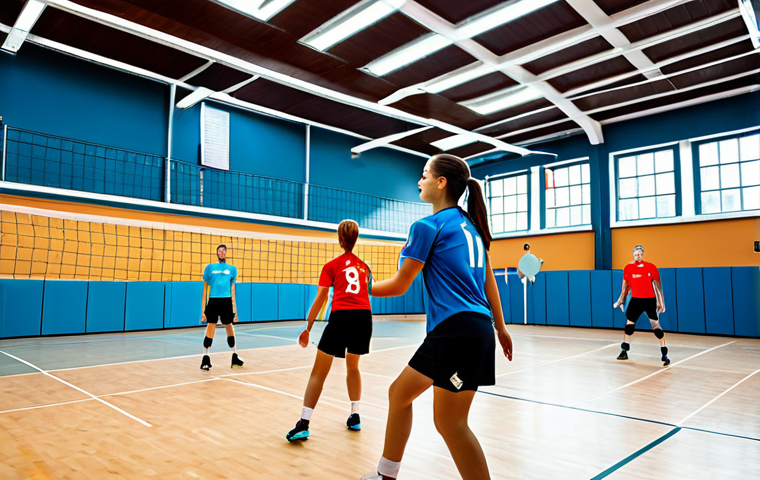 배구 관련 단체 가입 - "A dynamic volleyball team practicing in a brightly lit indoor court, Lokalny Klub Siatkarski "As" l...