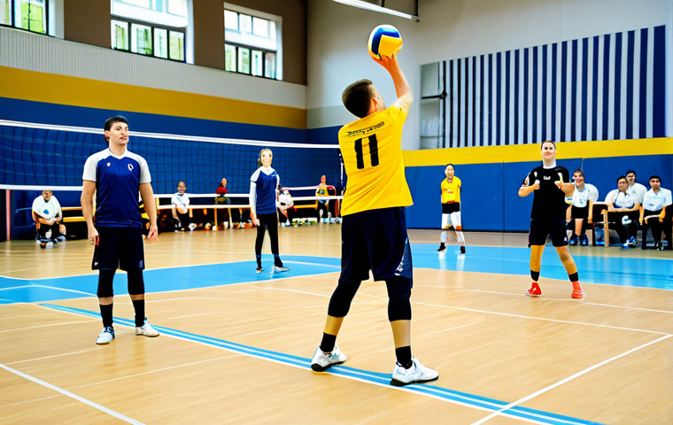 배구 관련 단체 가입 - "A dynamic volleyball team practicing in a brightly lit indoor court, Lokalny Klub Siatkarski "As" l...