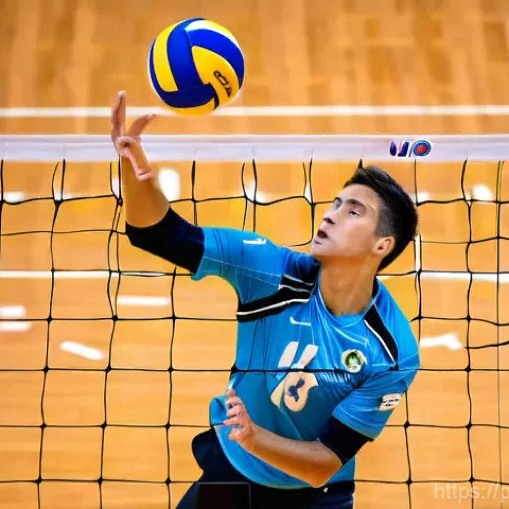 배구 경기 영상 분석 - **Volleyball Attack Analysis:** A dynamic, high-angle shot of a male volleyball player in peak physi...