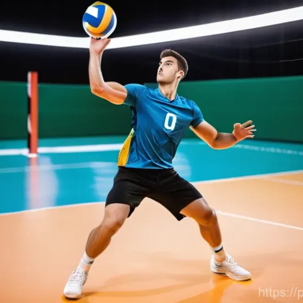 배구 경기 전략의 변화 - **Prompt:** A highly dynamic and athletic male volleyball player, mid-air, performing a powerful and...