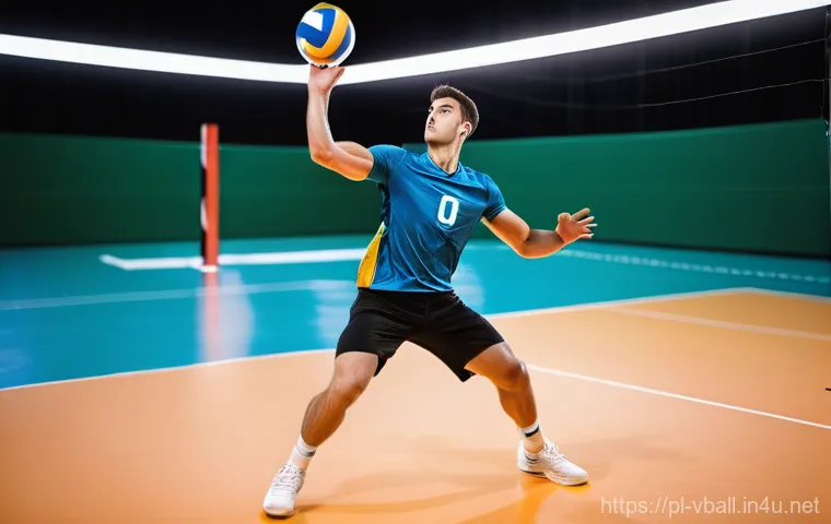배구 경기 전략의 변화 - **Prompt:** A highly dynamic and athletic male volleyball player, mid-air, performing a powerful and...