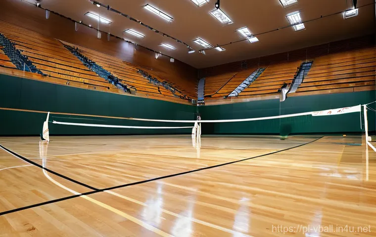 배구 코트 청소 방법 - **Prompt:** "A pristine indoor wooden parquet volleyball court, gleaming under bright overhead light...