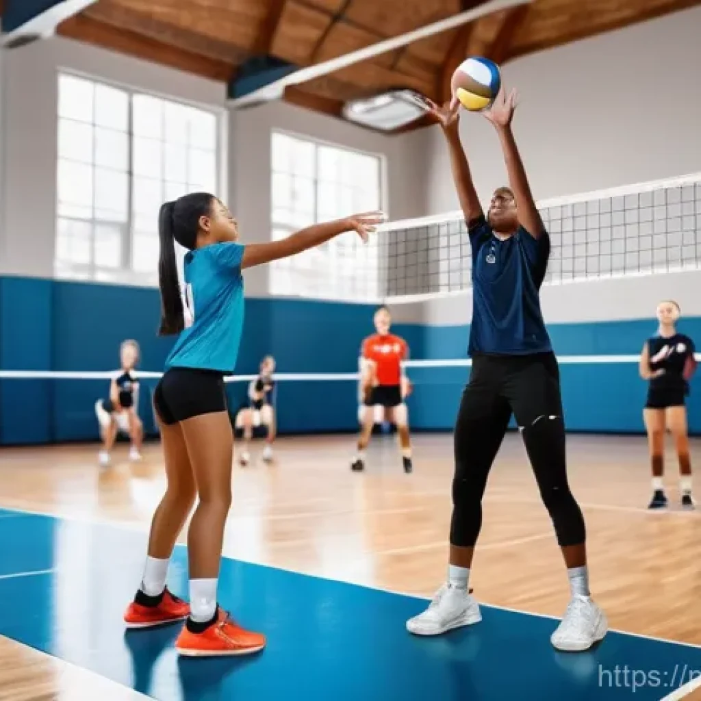 배구 대회 참가 시 유의사항 - A vibrant image of a group of diverse male and female volleyball players, dressed in modern, modest ...