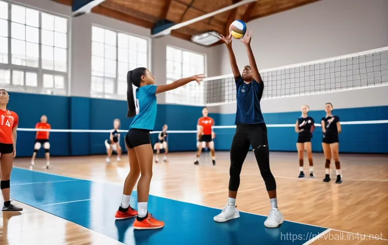 배구 대회 참가 시 유의사항 - A vibrant image of a group of diverse male and female volleyball players, dressed in modern, modest ...
