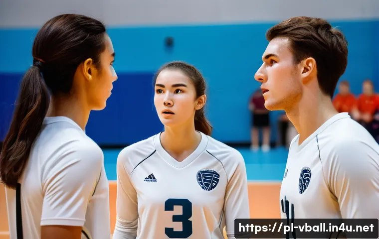 배구 팀워크 훈련 - **Prompt:** A dynamic close-up scene capturing two male and two female volleyball players (wearing m...