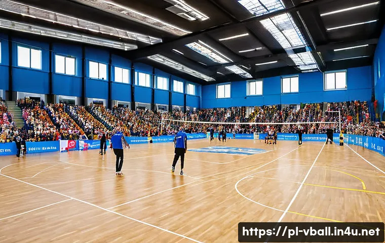 배구 대회 운영 방법 - A modern indoor volleyball sports hall in Poland during a tournament, featuring polished wooden floo...
