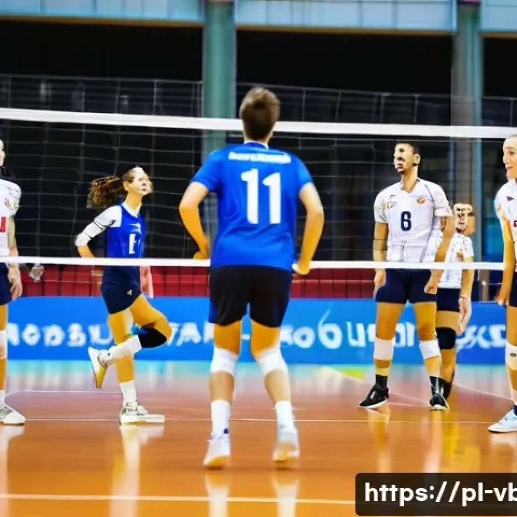배구 경기장에서 지켜야 할 규칙 - A dynamic volleyball match scene on an indoor court in Poland, featuring a well-coordinated team wea...