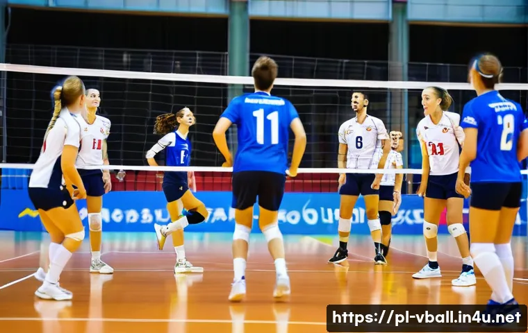 배구 경기장에서 지켜야 할 규칙 - A dynamic volleyball match scene on an indoor court in Poland, featuring a well-coordinated team wea...