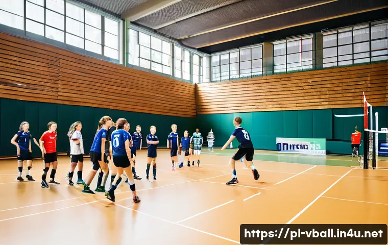 배구 유소년 대회 참가 방법 - A vibrant youth volleyball tournament scene in Poland during spring, showcasing U14 and U16 teams co...