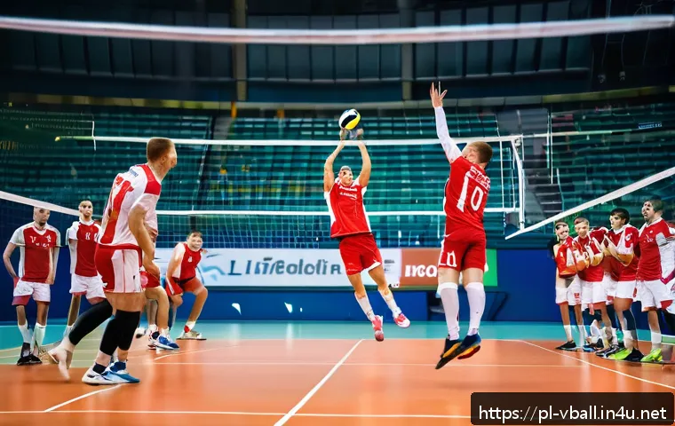 배구 경기에서 자신감 키우기 - A dynamic volleyball match scene on an indoor court in Poland, featuring a confident male player in ...