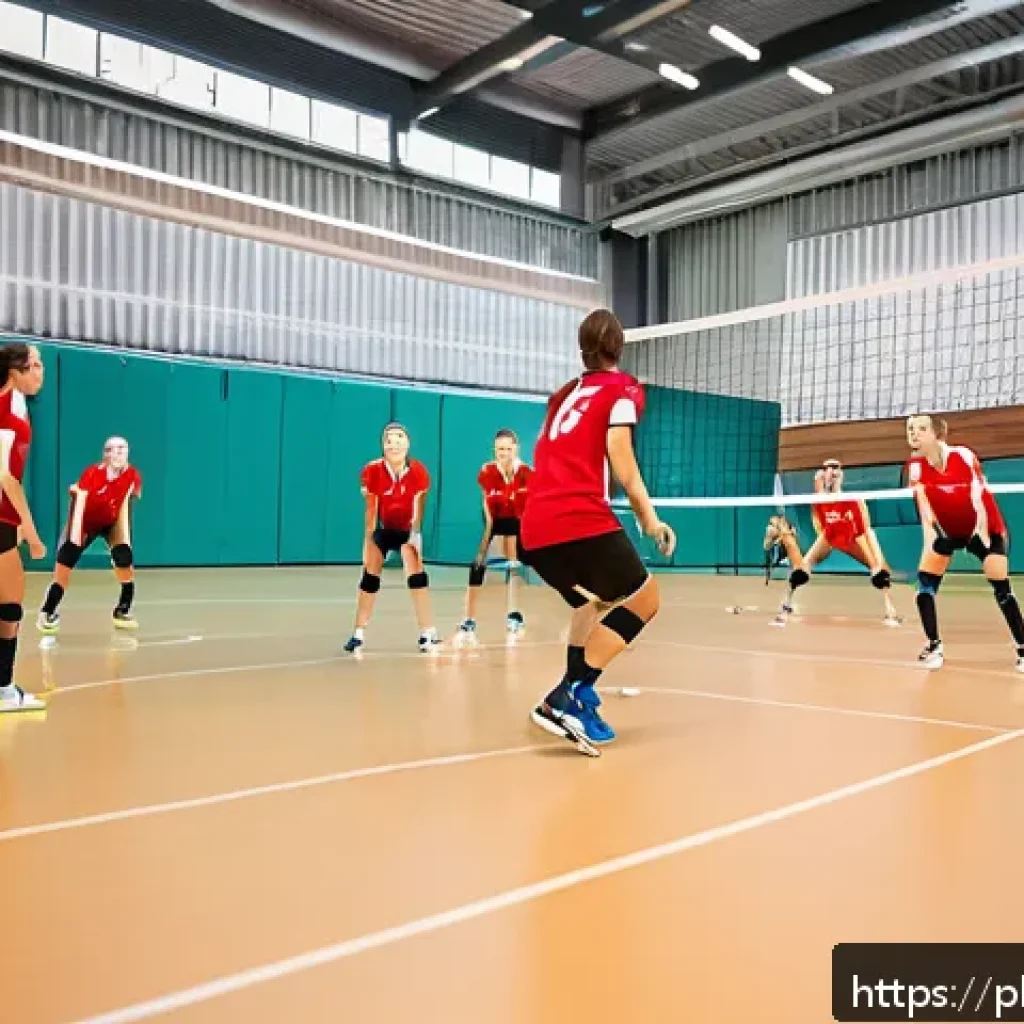 배구 경기 규칙 이해를 위한 비디오 - A dynamic volleyball court scene featuring a diverse group of amateur players in breathable sportswe...