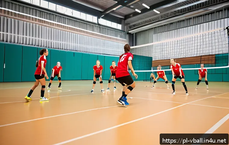 배구 경기 규칙 이해를 위한 비디오 - A dynamic volleyball court scene featuring a diverse group of amateur players in breathable sportswe...