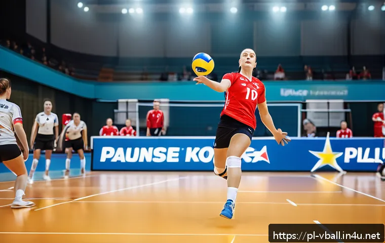배구 리베로 역할과 중요성 - A dynamic volleyball scene featuring a libero in action on an indoor court, wearing a distinct color...