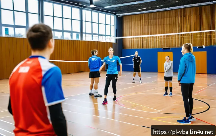 배구 교실 찾는 법 - A dynamic indoor volleyball training session in a modern Polish sports hall, featuring a diverse gro...