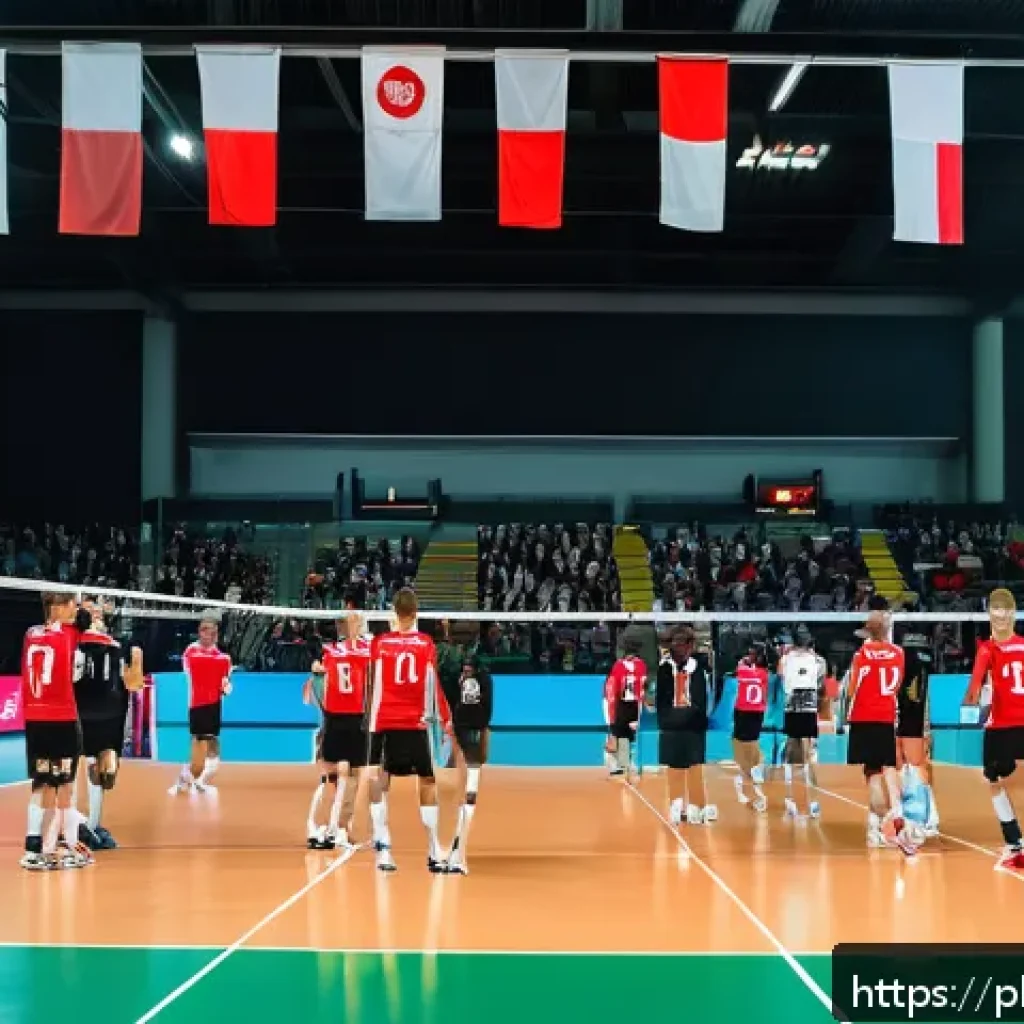 배구 대회의 역사적 순간 - A dynamic volleyball match scene in a modern indoor arena filled with enthusiastic Polish fans wavin...