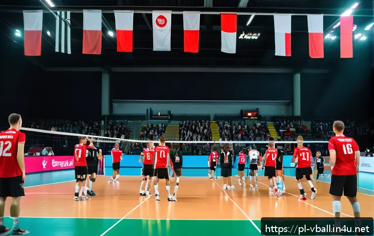 배구 대회의 역사적 순간 - A dynamic volleyball match scene in a modern indoor arena filled with enthusiastic Polish fans wavin...