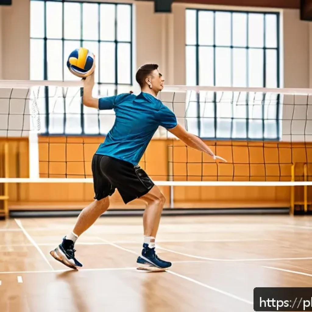 배구 훈련 시 유의사항 - A dynamic volleyball warm-up scene in a bright indoor sports hall, featuring a young male athlete we...