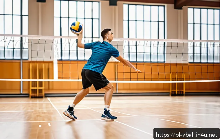 배구 훈련 시 유의사항 - A dynamic volleyball warm-up scene in a bright indoor sports hall, featuring a young male athlete we...