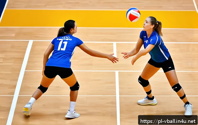 배구 경기에서의 의사소통 - A dynamic volleyball match scene focusing on a team using nonverbal communication: players wearing s...