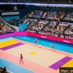 Home 21 배구의 올림픽 역사 - A dynamic indoor volleyball match scene at the Olympic Games featuring male and female athletes from...