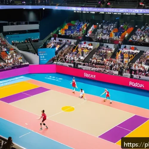 Home 33 배구의 올림픽 역사 - A dynamic indoor volleyball match scene at the Olympic Games featuring male and female athletes from...