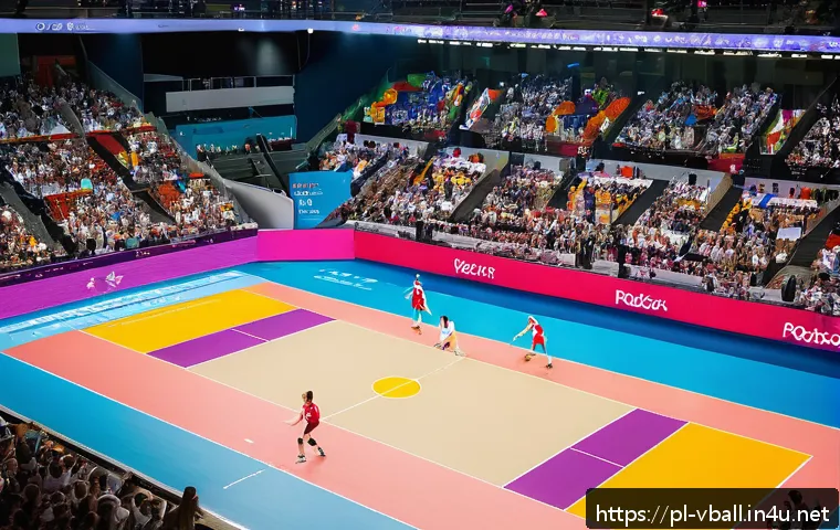 배구의 올림픽 역사 - A dynamic indoor volleyball match scene at the Olympic Games featuring male and female athletes from...
