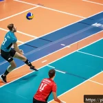 Home 20 배구 경기 분석 데이터 - A professional indoor volleyball court scene featuring players wearing sportswear and knee pads, wit...