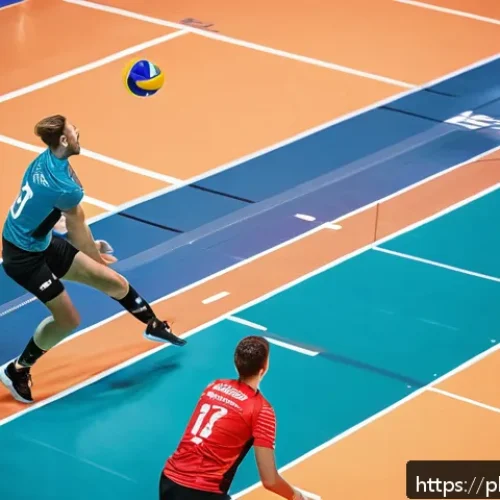 Home 32 배구 경기 분석 데이터 - A professional indoor volleyball court scene featuring players wearing sportswear and knee pads, wit...