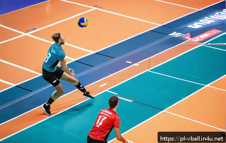 배구 경기 분석 데이터 - A professional indoor volleyball court scene featuring players wearing sportswear and knee pads, wit...