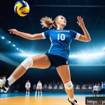 Home 19 배구 경기에서의 중요한 순간 - A dynamic volleyball scene focusing on a female player executing a powerful jump serve on an indoor ...