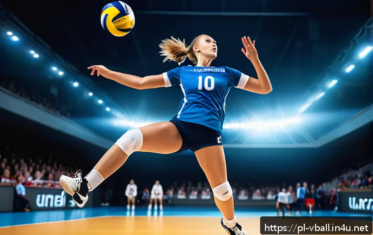 배구 경기에서의 중요한 순간 - A dynamic volleyball scene focusing on a female player executing a powerful jump serve on an indoor ...