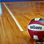 Home 18 배구공 재질별 장단점 - A high-quality natural leather volleyball resting on a polished indoor wooden court floor, soft warm...