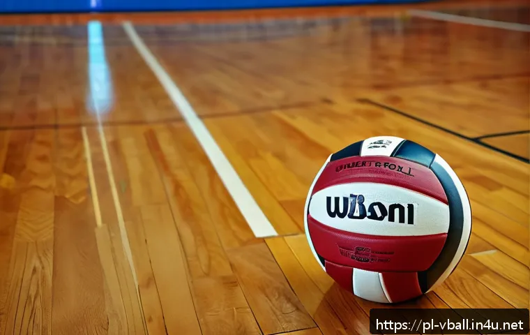 배구공 재질별 장단점 - A high-quality natural leather volleyball resting on a polished indoor wooden court floor, soft warm...