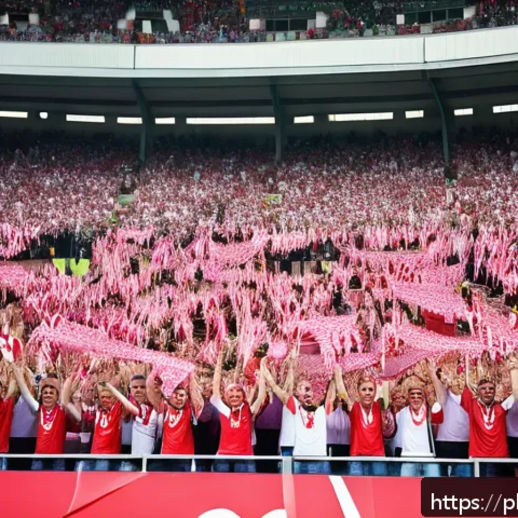 배구 경기 응원 도구 - A lively sports stadium scene filled with passionate Polish football fans wearing vibrant team-color...