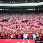 Home 23 배구 경기 응원 도구 - A lively sports stadium scene filled with passionate Polish football fans wearing vibrant team-color...