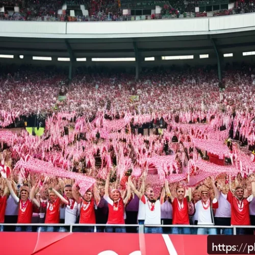 Home 17 배구 경기 응원 도구 - A lively sports stadium scene filled with passionate Polish football fans wearing vibrant team-color...