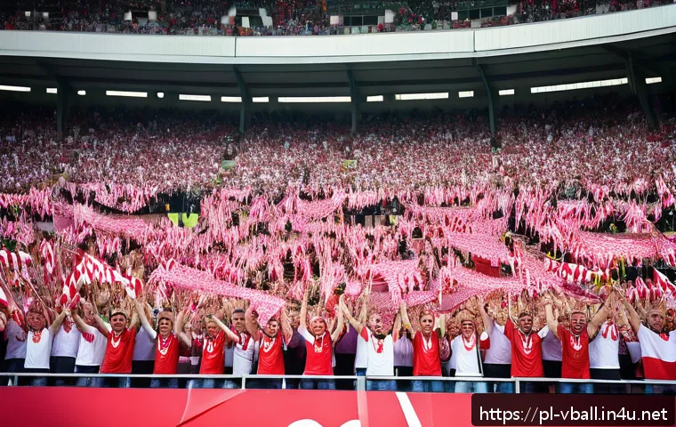 배구 경기 응원 도구 - A lively sports stadium scene filled with passionate Polish football fans wearing vibrant team-color...