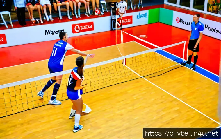 배구 경기에서의 규칙 위반 사례 - Photorealistic indoor volleyball match in a modern Polish sports hall, a referee at the net clearly ...
