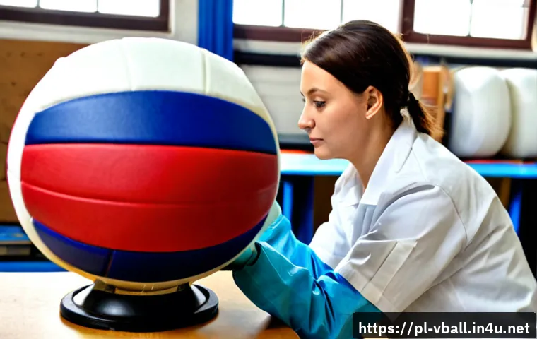 배구공 제조 과정 - Photorealistic volleyball manufacturing workshop in Poland, close-up of skilled factory worker weari...