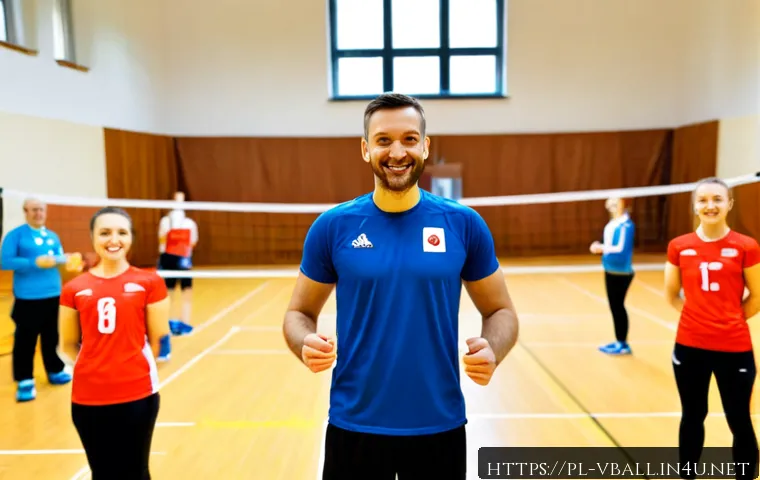 Home 17 배구 모임 후기 - Photorealistic indoor volleyball meetup in a modern Polish community sports hall, diverse group of a...